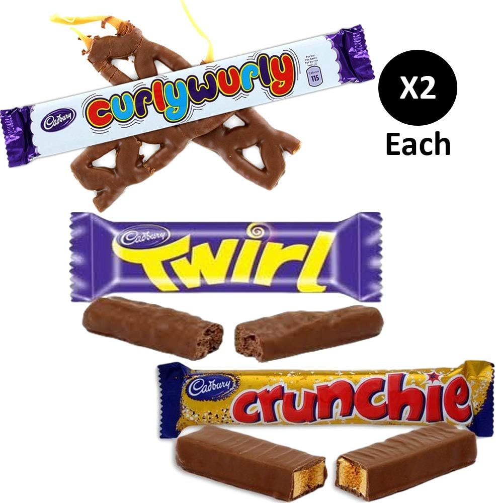 Cadbury Curly Wurly + Cadbury Crunchie + Cadbury Twirl | 2 bars of each. British Chocolate Candy