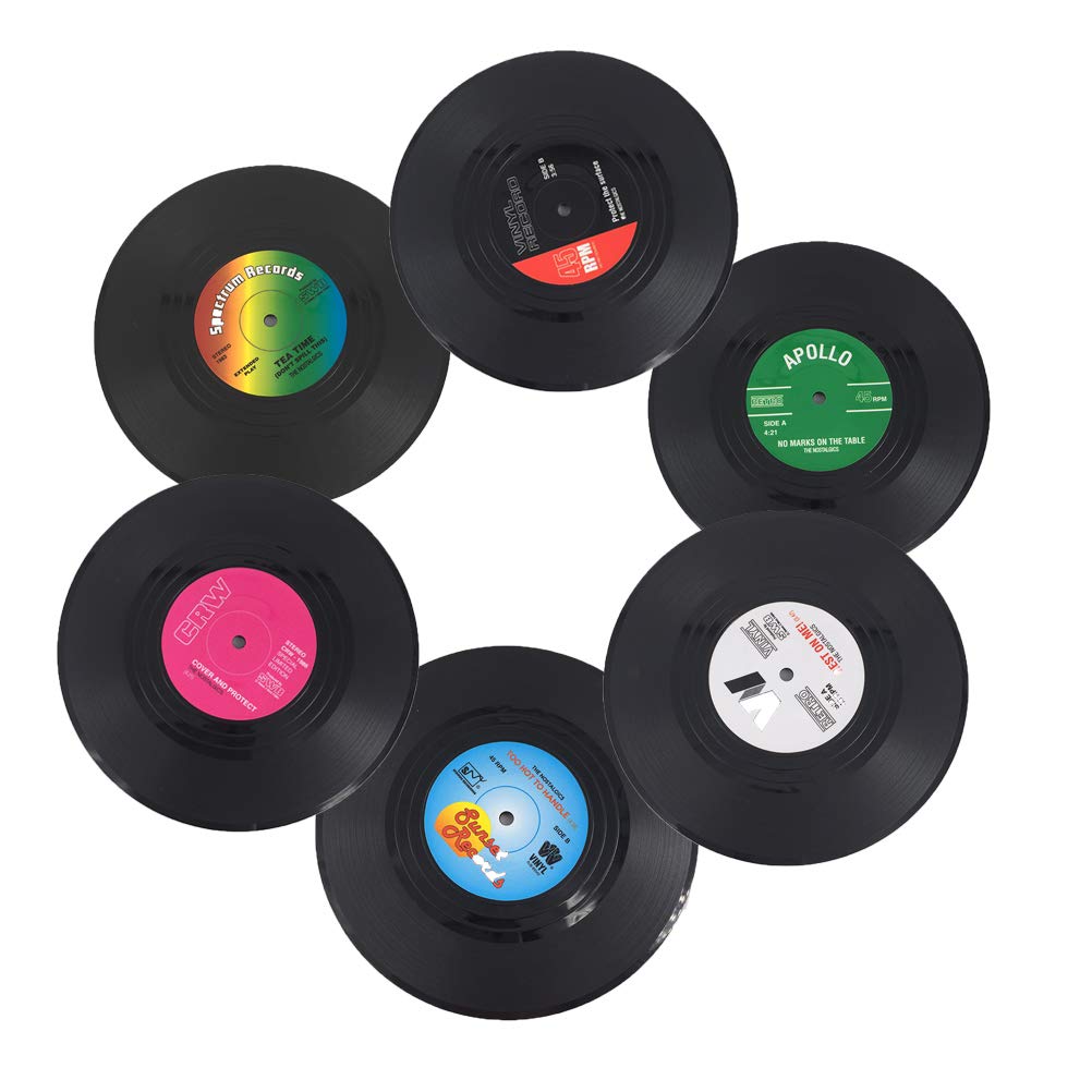 Cluos Record Coasters for Drinks Colorful Retro Vinyl Disk Coasters with Funny Labels, Prevent Furniture from Dirty and Scratched (6 Pcs)
