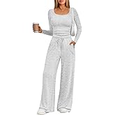Trendy Queen 2 Piece Scoop Neck Lounge Set Womens Wide Leg Pants Side Ruching Slightly Crop Top Sweatsuit Sets With Pockets