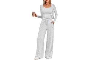 Trendy Queen 2 Piece Scoop Neck Lounge Set Womens Wide Leg Pants Side Ruching Slightly Crop Top Sweatsuit Sets With Pockets