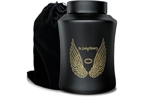 CHIEMOT Up to 160 lbs Large Cremation Urns for Adult Human Ashes, Angel Wings in Loving Memory Decorative Funeral Burial Urn for Male Female Ashes with Velvet Bag(Black)