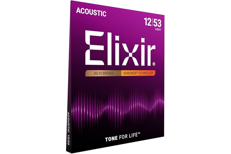 Elixir Strings, Acoustic Guitar Strings, 80/20 Bronze with NANOWEB Technology, Longest-Lasting Bright and Focused Tone For Life with Comfortable Feel, 6 String Set, Light 12-53