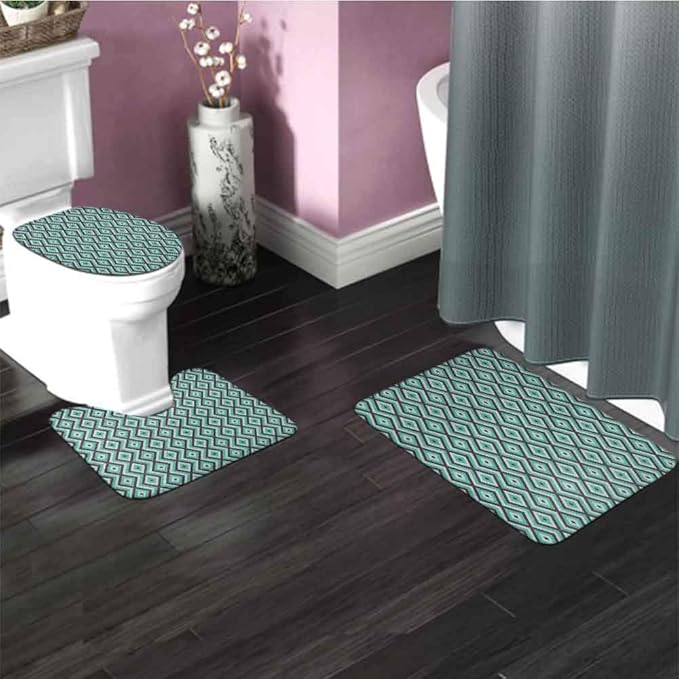 DESPKON Teal and White, 3 Pcs Bathroom Mat Set Abstract