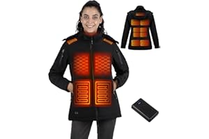 GISAEV Heated Jacket for Women, Winter Outdoor Soft Shell Electric Heating Coat with Detachable Hood