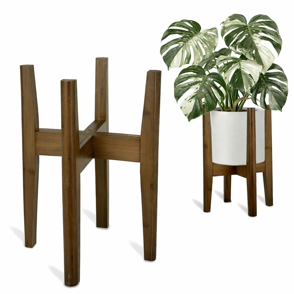 the lux | Adjustable Bamboo Plant Stand (20-30cm) | Flower Pots Holder, Indoor Display Rack for House Plants, Home Décor for Living Room, Office and Outdoor Garden Patio (Walnut)