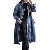 Jofemuho Womens Classic Jean Jacket Plus Size Loose Long Sleeve Button Down Denim Trench Coat