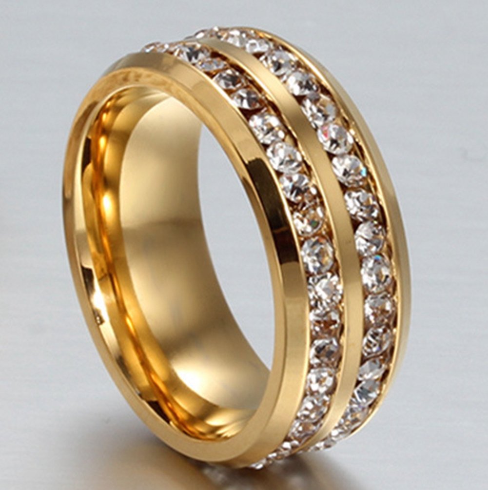 Mens Womens Promise Ring 8MM Titanium Stainless Steel Gold Plated CZ Channel Set Promise Band Size 6-13