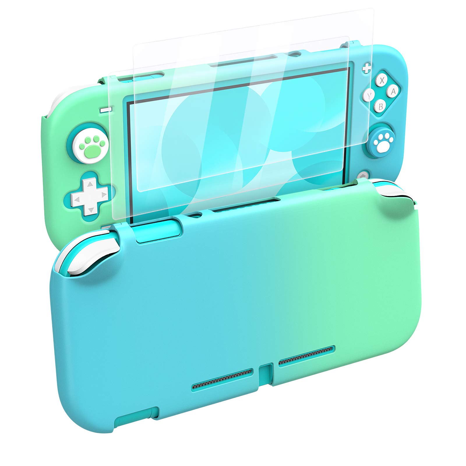 MoKo 保護ケース Nintendo Switch Lite対応 PC保護ケースカバー サムグリップキャップ4個&HDクリア強化ガラススクリーンプロテクター2枚付き 傷防止ノンスリップケース ブルー+グリーン