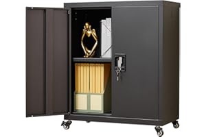 GREATMEET Metal Storage Cabinet with Wheels, Locking Cabinet with Doors and Shelf, Metal Cabinet for Tool Storage, Lockable Metal Cabinet Easy Assembled for Garage, Office, Utility Room