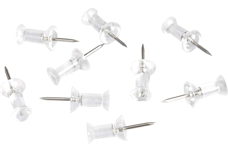 Amazon Basics Push Pins Tacks, Steel Point, Clear Plastic Head, for Cork Board, Bulletin Board, Maps, Photos, Posters, and Craft Projects, 200-Pack