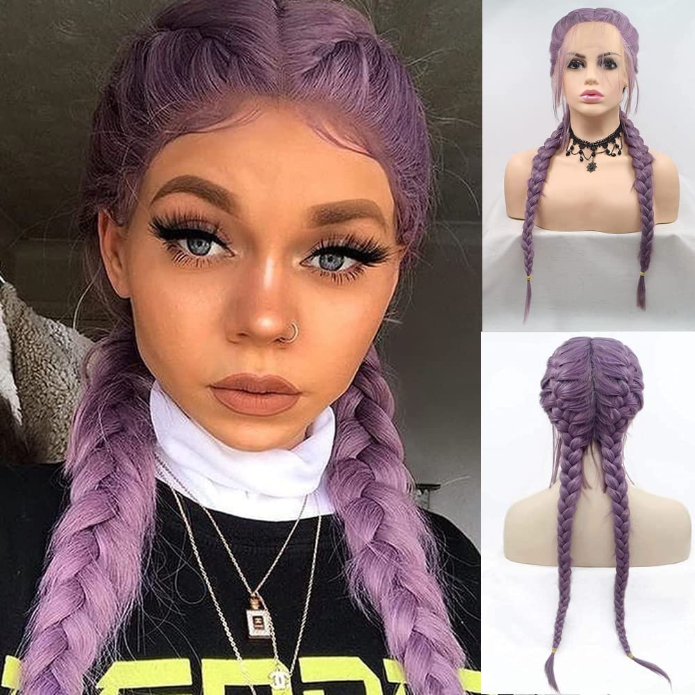 Xiweiya Long Purple Wig with Double Braids Synthetic Braided Lace Front Wig with Baby Hair Heat Resistant Fiber Middle Part for Women
