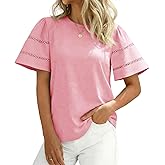 Tankaneo Womens Eyelet Short Sleeve Tops Trendy Casual Loose Fit Tunics Crewneck Summer T Shirts