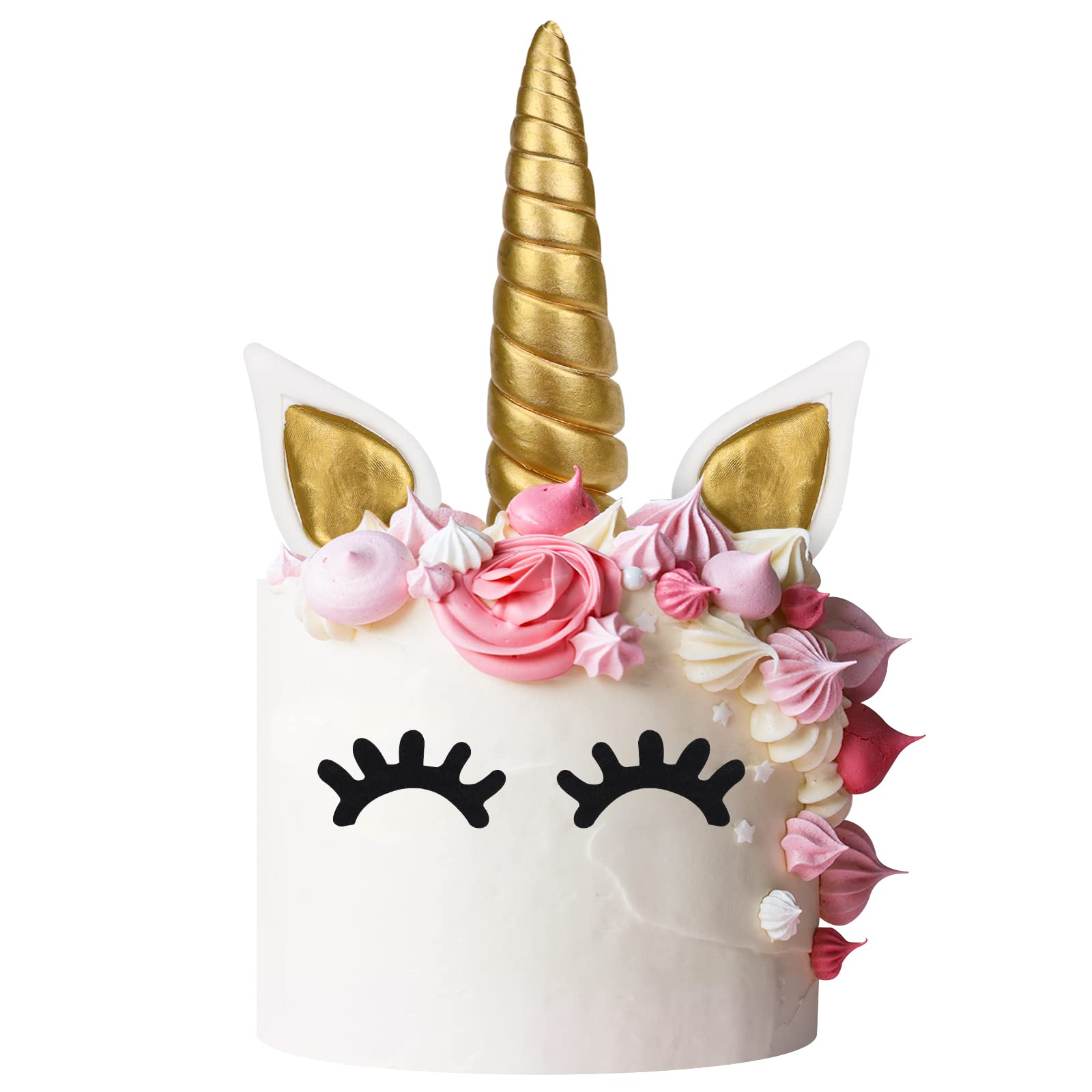 Golden Unicorn Cake Topper kids Cake Decorations Birthday Cake Toppers with Reusable Unicorn Horn Ears and Eyelash Set Unicorn Birthday Party Supplies for Baby Shower Birthday Wedding Xmas Party