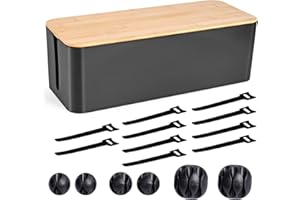 TUWECHEN Cable Management Box - Wooden Style Large Cord Organizer to Hide Wires & Power Strips | Desk Computer Cable Organizer | Safe ABS Material | 16" (L) x 6.2" (W) 5.3" (H) | for Home & Office - Black
