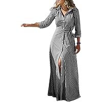 Utcoco Women's Striped Button Down Maxi Shirt Dress | Tie Waist, Ruffled Hem, Flowy Casual Dress