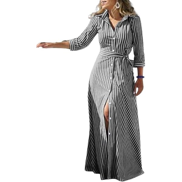 SOMTHRON Women's Summer Stripe Shirt Dress - Button Down Tiered Maxi Sundress With Belt - View #6