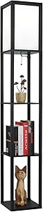 Garwarm LED Shelf Floor Lamp - Asian Wooden Frame-Modern Standing Lamps for Living Room Bedrooms -Tall Lights with Organizer Storage Display Shelves,Black