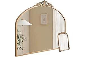 Meolyx 1 Set Vintage 36x29 Gold Antique Baroque Arched Ornate Traditional Brass Mirror and 8.5x12 Vintage Vanity Makeup Desk Table Mirror for Bathroom Entryway Living Room Hallway Fireplace