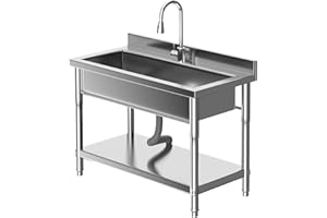 39.37"X23.6"x31.5" Free Standing Stainless Steel Utility Sink, Single Bowl Commercial Sink with Workbench, Hot & Cold Water P