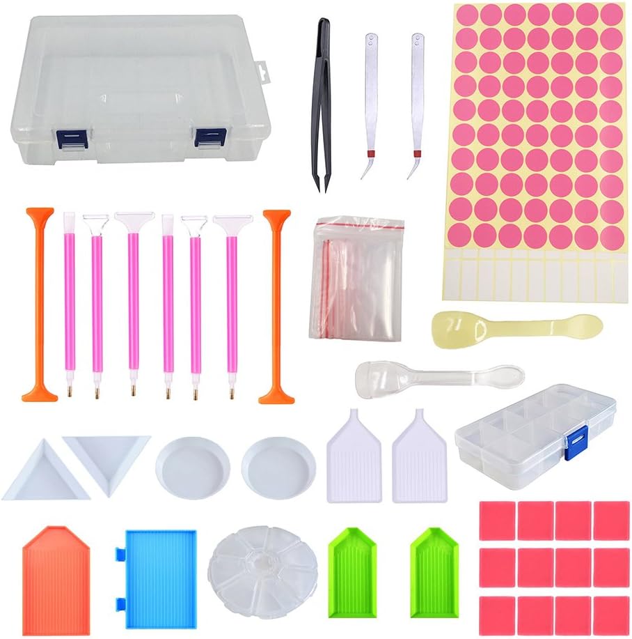 Diamond Painting Tools Cross Stitch Accessories Set with Pen with Pen, Glue, Plastic Tray, Tweezers, Bags, Labels, Spoons and Storage Box for DIY Art Crafts - 60 Pieces