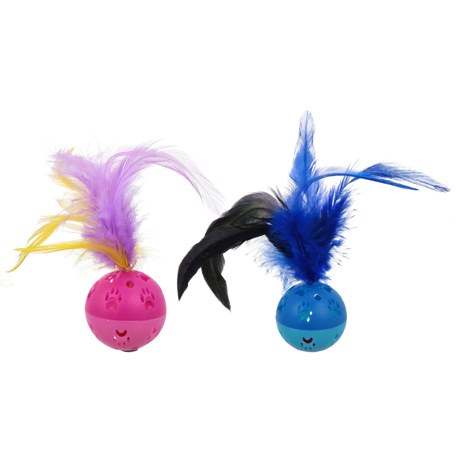 POPETPOP 4pcs Cat Toy Ball with Bell and Feather Plastic Lattice Kitten Chase Pounce Rattle Toy