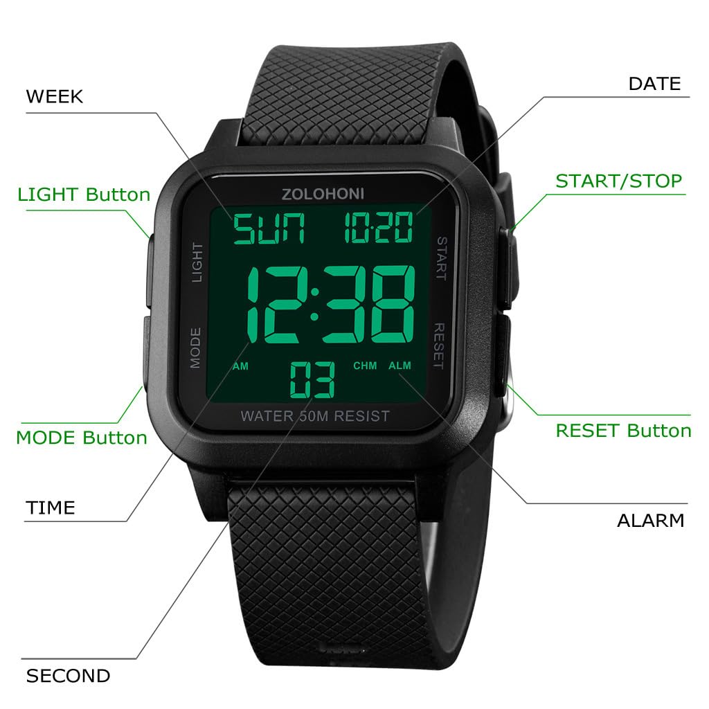 zolohoni Men’s Digital Watch for Men, Stainless Steel Square Watches, Mens Wrist Watches Waterproof Large Face Dual Time Date Watch