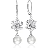 Oskani Snowflake Pearl Dangle Drop Earrings for Women 925 Sterling Silver 5A Cubic Zirconia Birthstone Hypoallergenic Leveback Earrings Jewelry Winter Christmas Birthday Gifts for Her