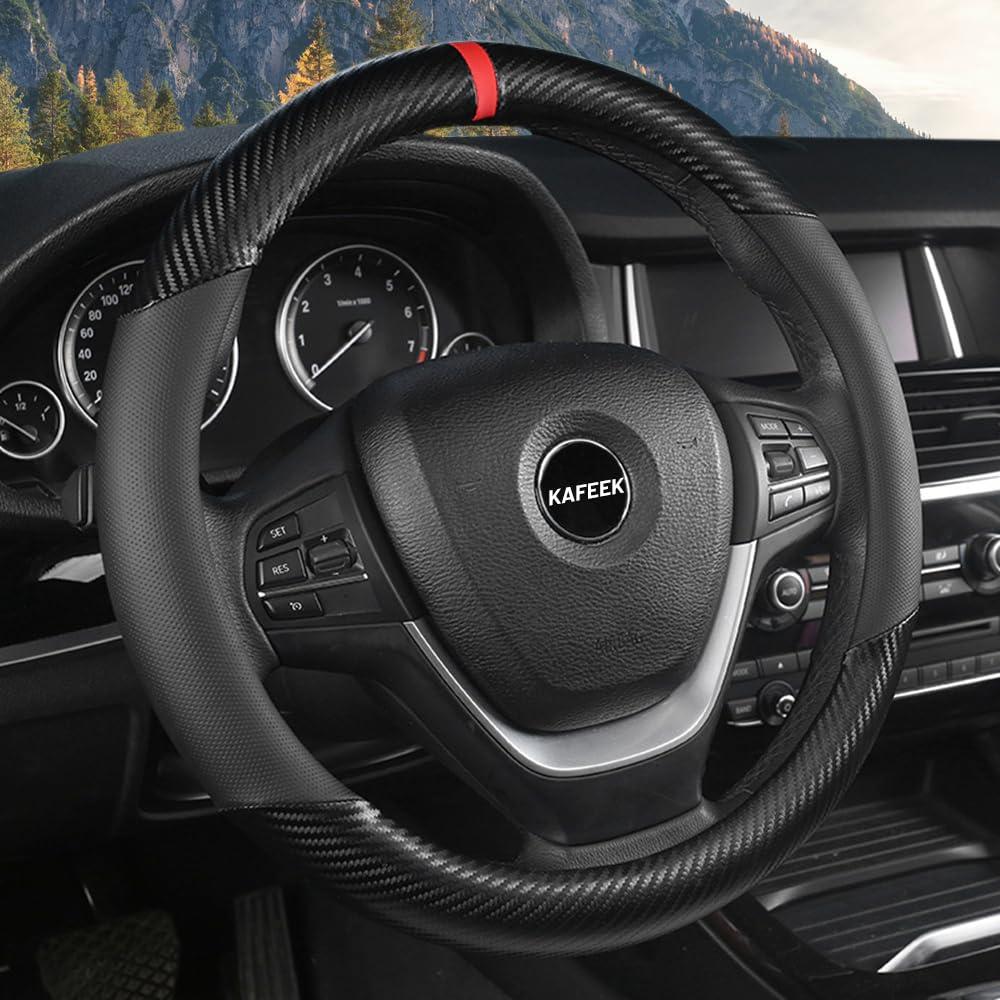 Photo 1 of KAFEEK Car Steering Wheel Cover Men,Universal 15 inch, Microfiber Leather Carbon Fiber Black Steering Wheel Accessories, Anti-Slip, Odorless, Breathable, Black