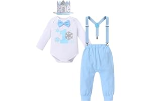 AWIBMK Baby Boys Snowflake 1st Birthday Outfit Romper Haren Long Pants Suspenders Headbands Cake Smash Costume Set 4PCS