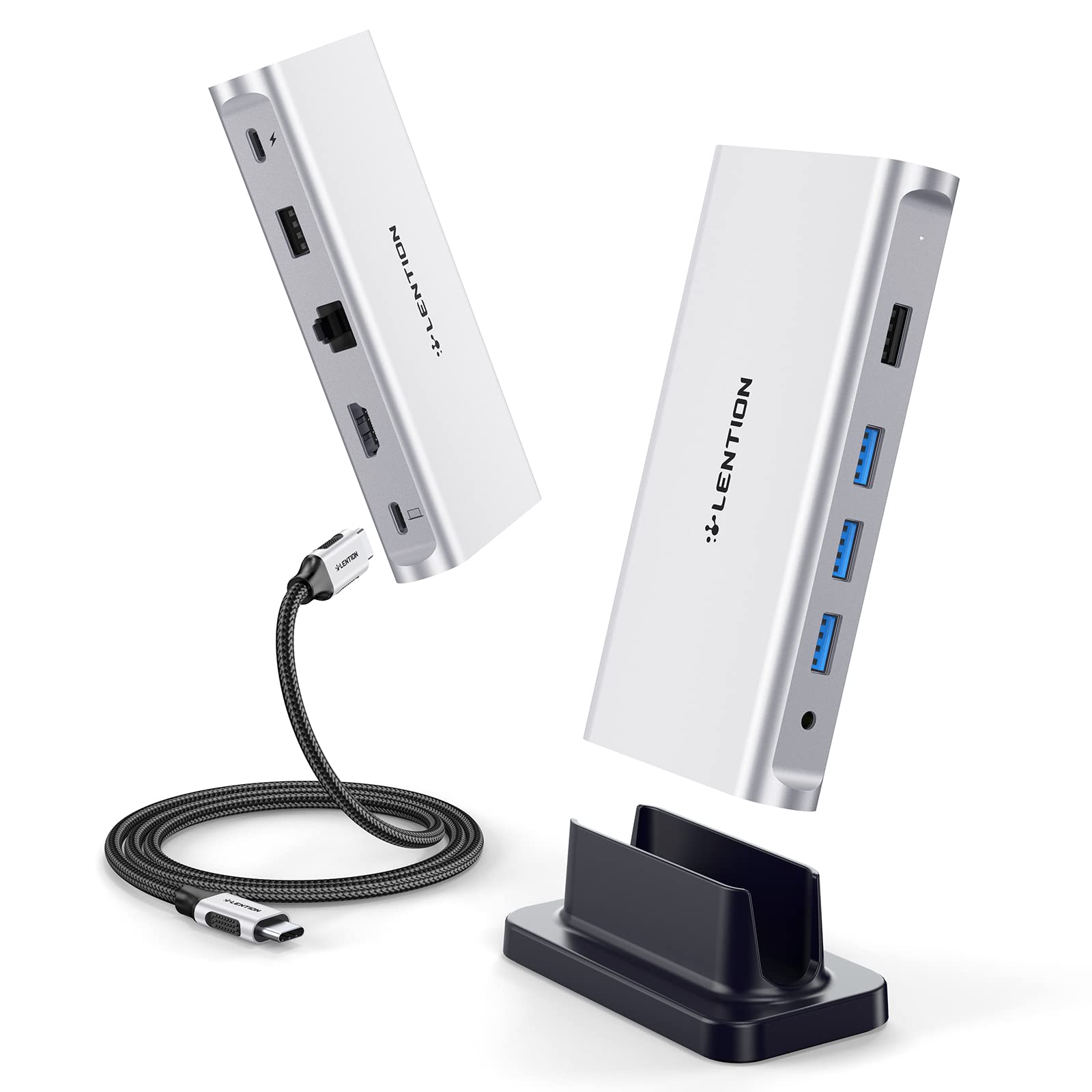 LENTION USB C Docking Station for Steam Deck with 100W PD 4K HDMI Gigabit Ethernet USB 3.0/2.0 Aux Adapter Hub Compatible with 2023-2016 MacBook Pro Mac Air More Stable Driver Certified (D53 Silver)