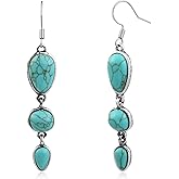 Watforsh Boho Silver Turquoise Teardrop Western Country Earrings Drop Dangle Vintage Stone Bohemian Statement Earrings for Women Cowgirl