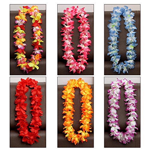 YUEAON 6 Pack Large Size Hawaiian Leis Flowers Necklace Luau Tropical Beach Theme Party favros Supplies Decorations,6 Colors