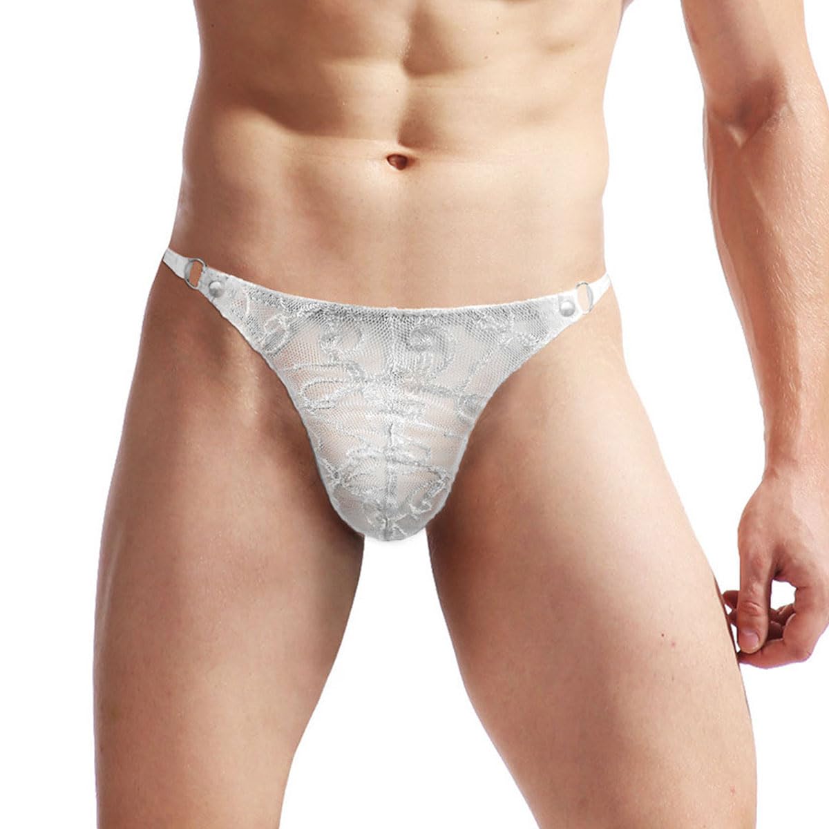 VemeFufu Men's Thong Lace Underwear Mankini G-String for Men UK Hot Funny Briefs Triangle Low Rise Stretchy Underpants Lingerie Costume 1 Pack White