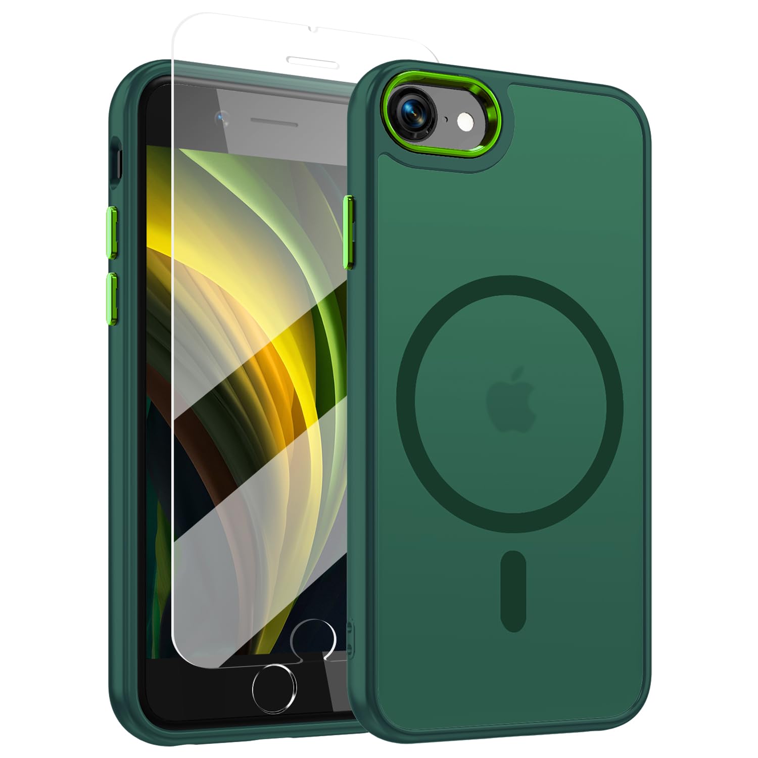 Photo 1 of WRJ Case for iPhone SE 2022/2020/7/8 with Screen Protector,Translucent Phone Case for Women Men [Compatible with Magsafe] Slim Anti-Fingerprints Shockproof Protective Cover-Dark Green