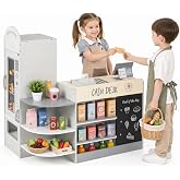HONEY JOY Kids Grocery Store Playset, Wooden Supermarket Playset w/Cash Register &amp; Vending Machine Toy, Blackboard, Checkout Counter Stand, Grocery Store Pretend Play for Toddler Boys Girls (Gray)