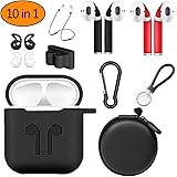 Banbby Airpods 10 in 1 Protection Accessories with 2pcs Earhooks/Carabiner/Watch Band Holder/2 pcs Skins Protection Sticker/Strap/Storage Travel Bag/Leather Keychain/Silicone Case Cover (Black)