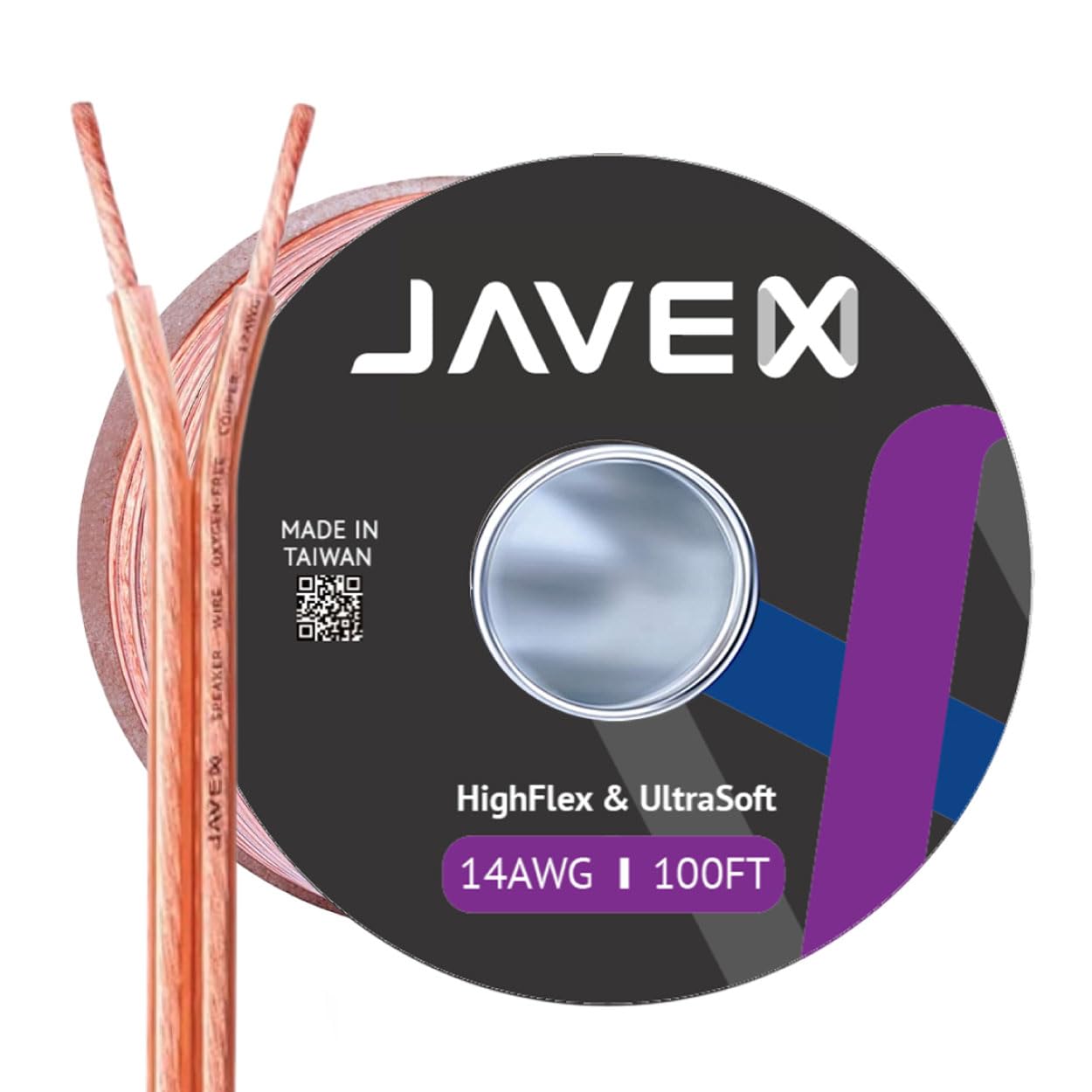 JAVEX Speaker Wire 14-Gauge [2.11mm2] [0.16mm Strands Oxygen-Free Copper 99.9%] Stranded Copper, Flat Cable, Cable for Hi-Fi Systems, Amplifiers, AV receivers and Car Audio Systems, 30.5M