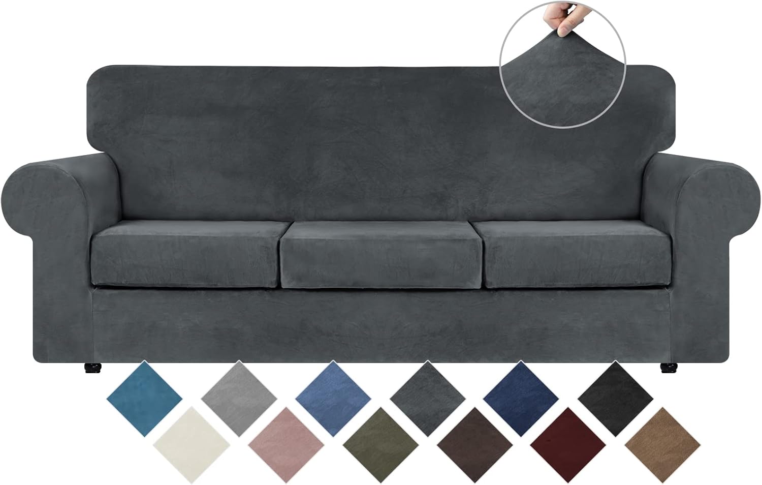 Slipcovers - WEERRW 4 Pieces Velvet High Stretch Couch Covers for 3 Cushion Sofa Slipcovers, Washable Furniture Protector with Non Slip Elastic Bottom, Feature Soft and Thick Plush Fabric, Dark Grey, Large