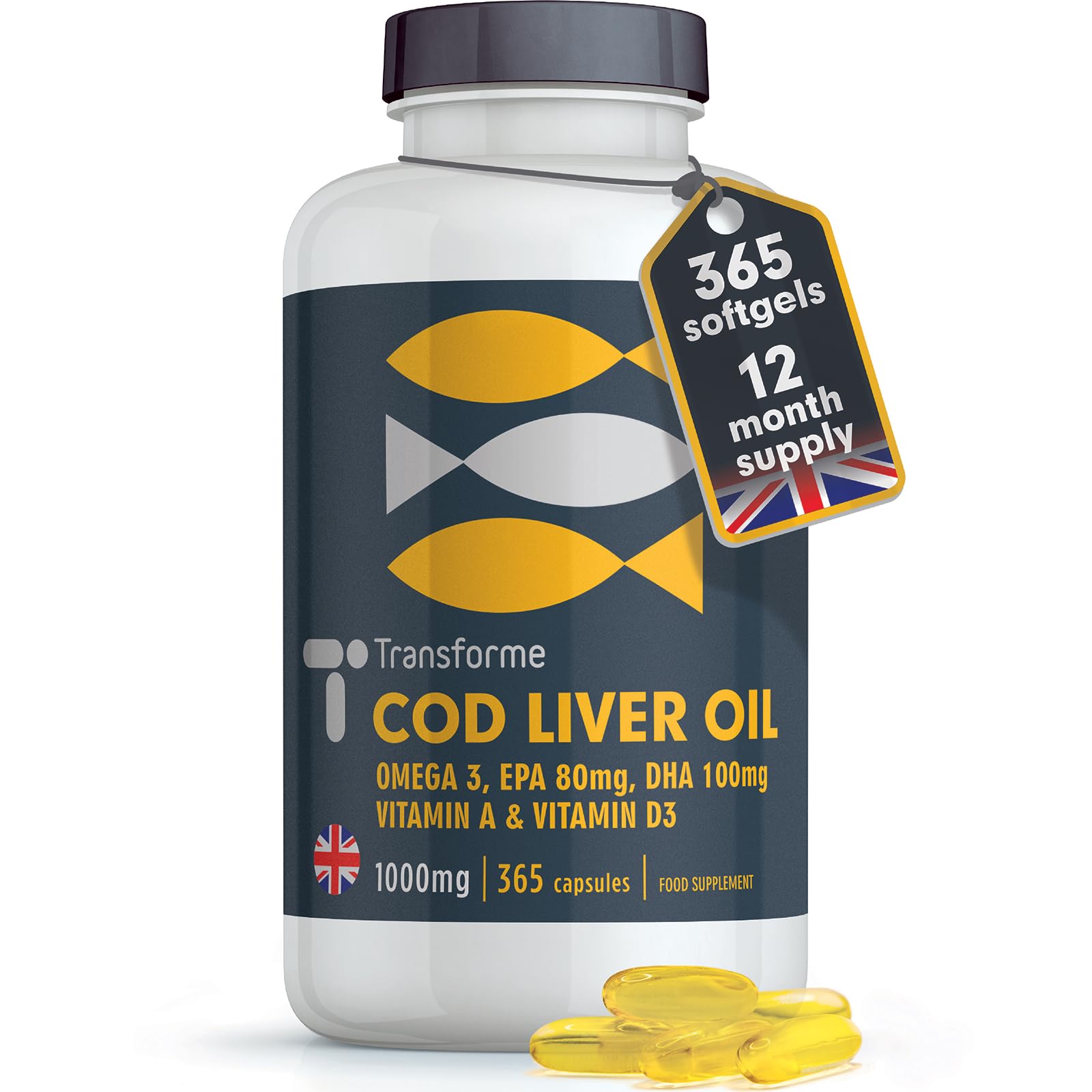 Cod Liver Oil Capsules High Strength 1000mg 365 Omega 3 Softgels, EPA DHA Vitamin A, Vitamin D3, 1 Year Supply, Heart, Brain, Eye Health and Immune System Support, Gluten Free, UK Made, by Transforme