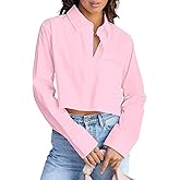 INFITTY Women's Button Down Cropped Shirts Long Sleeve Casual Crop Tops Loose Fit Cotton Lapel Blouse Fall