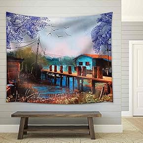 Old Fishing Village,Oil Painting Style - Fabric Wall Tapestry Home Decor - 51x60 inches