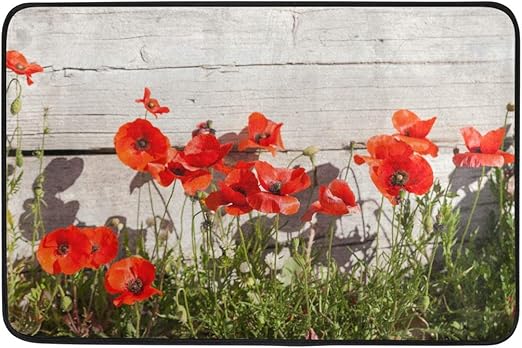 Red Poppy Flower On Black Bathroom Bedroom Floor Shower Mat Rug Non Slip Soft