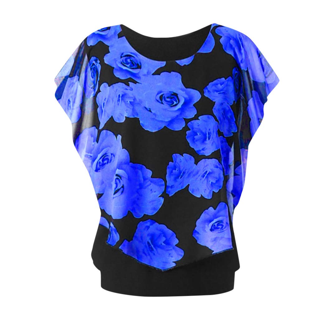 Handyulong Womens Shirts Plus Size Casual Short Sleeve Chiffon Round Neck Double Layer Casual Tunic T-Shirts Blouse Tops
