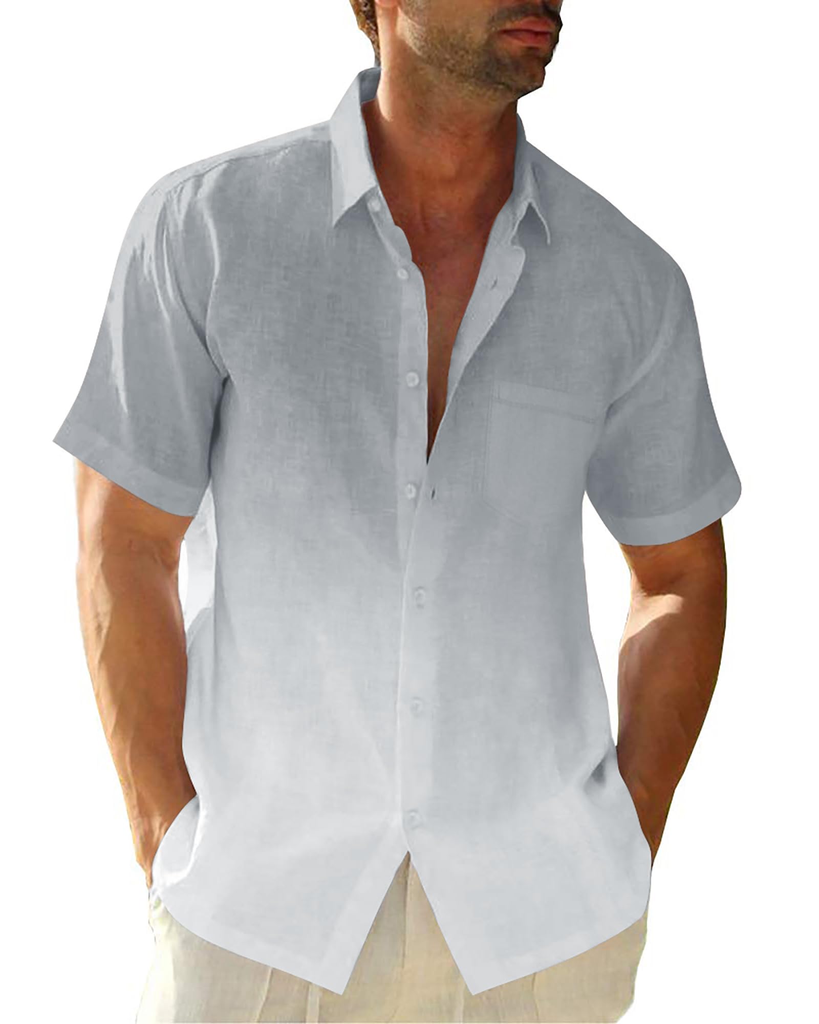 Photo 1 of (used) Mens Gradient Linen Shirts Casual Button Down Short Sleeve Beach Summer Shirts Grey XL