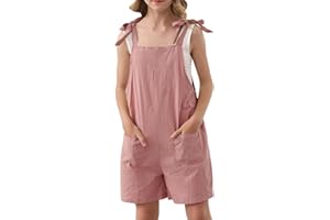 Lindanina Girls Romper Sleeveless Adjustable Tie-Up Strap Short Jumpsuits Summer Clothes with Pocket 5-12 years