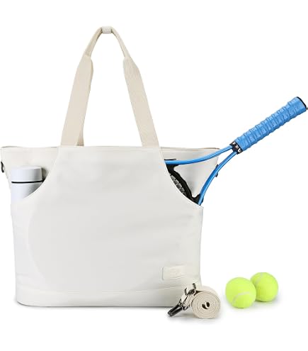 Kasgo Sac de Tennis, Grand Sac a Main Bandoulière Fourre Tout 21,4L Multi-Poches Léger Résistant à l'eau Cabas Femme avec Porte-Bouteille et Bandoulière Amovible pour Gymnase Sport Voyage Noir