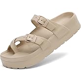 TIKVAW Womens Arch Support Platform Sandals Comfort Slides Thick Soles Flat Sandals With Adjustable Buckle & Ultra Cushion