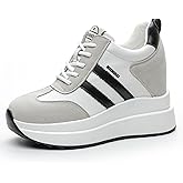 MIEHUIAI Platform Sneakers for Women High Hidden Heel Wedge Sneakers Fashion Leather Chunky Lace up Wedge Tennis Shoes Increasing 3.94 inch