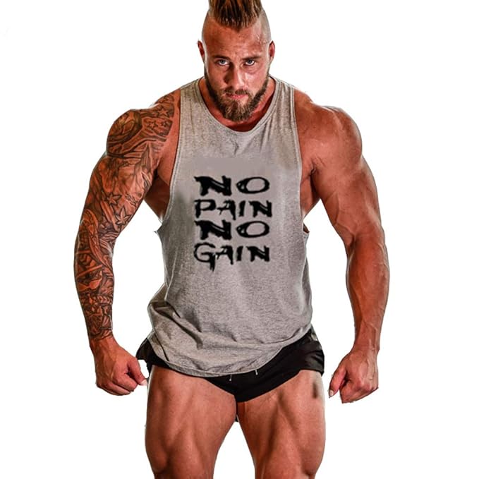Befox Herren Cotton Tank Top Stringer Fitness Gym Shirt NO Pain NO GAIN Weste Muscleshirt Sport Vest