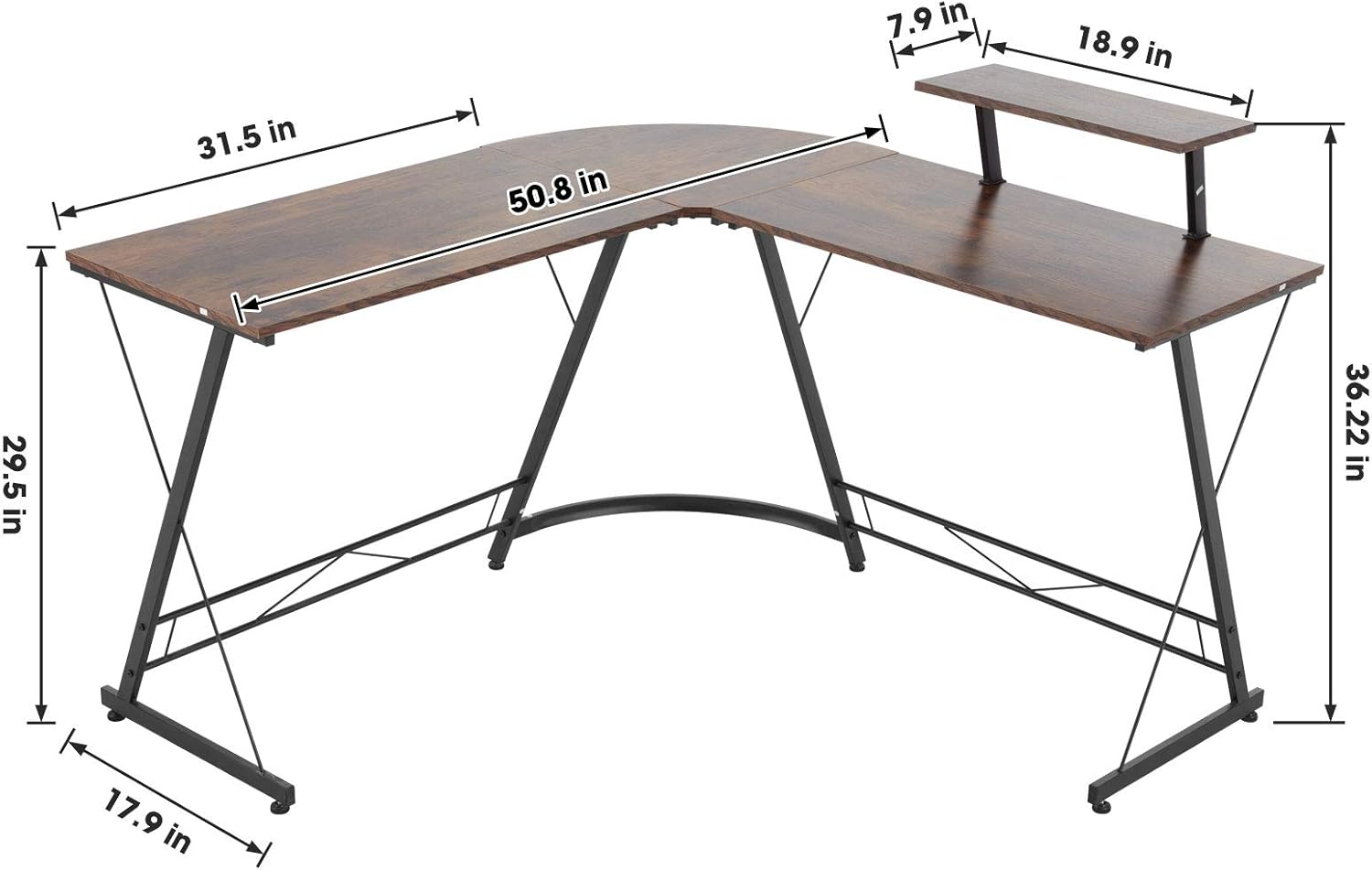 SERWALL L-Shaped Corner Desk 50.8" Computer Gaming Desk PC Table with Monitor Stand, Home Office Writing Workstation with Small Table, Space Saving- Brown: Kitchen & Dining